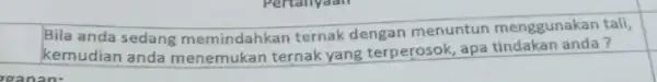 Bila anda sedang memindahkan ternak dengan menuntun menggunakan tali, kemudian anda menemukan ternak yang terperosok, apa tindakan anda? square