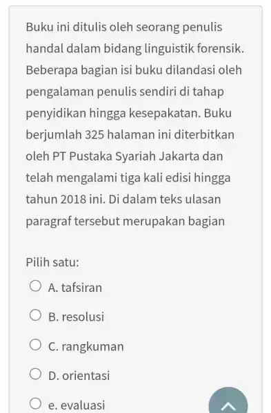 Buku ini ditulis oleh seorang penulis handal dalam bidang linguistik (forensik. Beberapa bagian isi buku dilandasi oleh pengalaman penulis sendiri di tahap penyidikan hingga