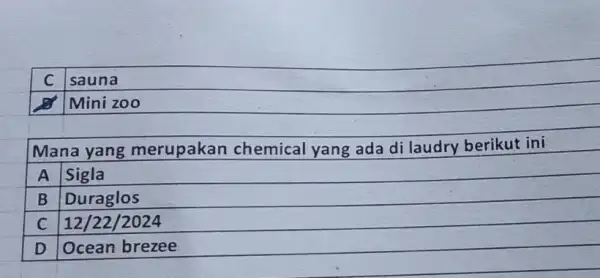 C sauna Mini zoo Mana yang merupakan chemical yang ada di laudry berikut ini A Sigla B Duraglos C 12/22/2024 D Ocean brezee