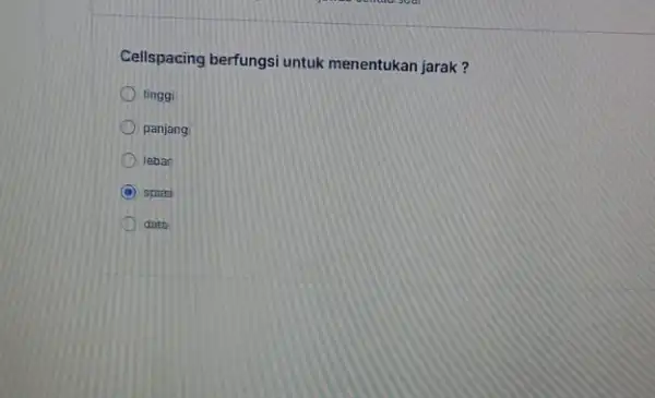 Cellspacing berfungsi untuk menentukan jarak? tinggi panjang leban C spars date