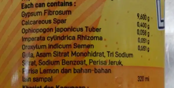 Each can contains: Gypsum Fibrosum Calcareous Spar Ophiopogon Japonicus Tuber Imperata cylindrica Rhizoma Oroxylum Indicum Semen Gula, Asam Sitrat Monohidrat, Tri Sodium S rat,