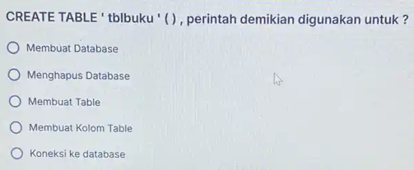 CREATE TABLE 'tblbuku ' ) , perintah demikian digunakan untuk? Membuat Database Menghapus Database Membuat Table Membuat Kolom Table Koneksi ke database