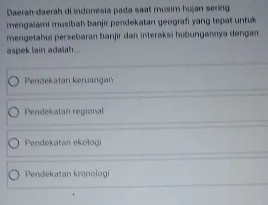 Daerah-daerah di indonesia pada saat musim hujan sering mengalami musibah banji pendekatan geografi yang tepat untuk mengetahui persebaran banjir dan interaksi hubungannya dengan aspek