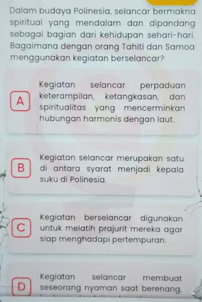 Dalam budaya Polinesia selancar bermakna spiritual yang mendalam dan dipandang sebagai bagian dari kehidupar sehari-hari. Bagaimana dengan orang Tahiti dan Samoa menggunakan kegiatan berselancar?