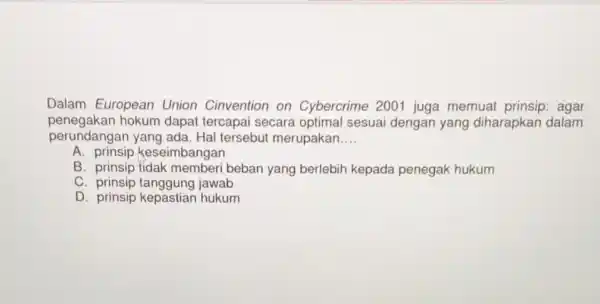 Dalam European Union Cinvention on Cybercrime 2001 juga memuat prinsip: agar penegakan hokum dapat tercapai secara optimal sesuai dengan yang diharapkan dalam perundangan yang