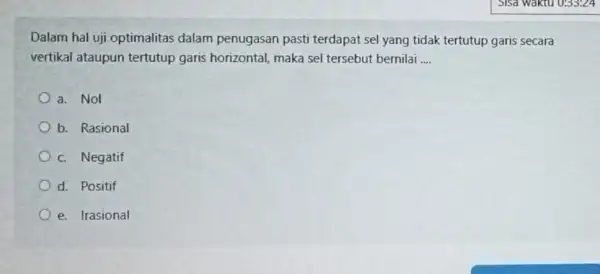 Dalam hal uji optimalitas dalam penugasan pasti terdapat sel yang tidak tertutup garis secara vertikal ataupun tertutup garis horizontal, maka sel tersebut bernilai __