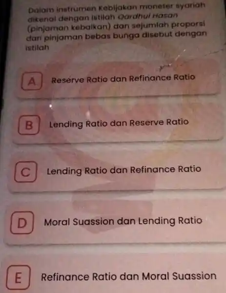 Dalam instrumen Kebijakan moneter syariah dikena dengan istilah Qardhui Hasan (pinjaman kebaikan)dan sejumlah proporsi dari pinjaman bebas bunga disebut dengan istilah A Reserve Ratio