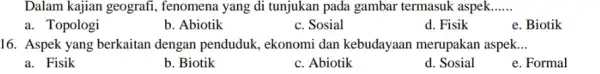 Dalam kajian geografi , fenomena yang di tunjukan pada gambar termasuk aspek...... __ a. Topologi b. Abiotik c. Sosial d. Fisik e. Biotik 16.