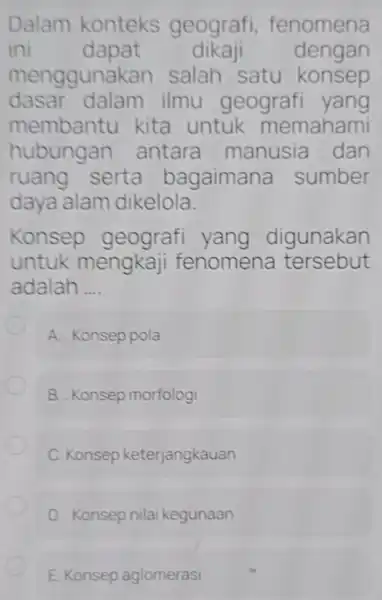 Dalam konteks geografi fenomena ini dapat dikaji dengan menggunakan salah satu konsep dasar ilmu geografi yang membantu kita untuk memahami hubungan antara manusia dan