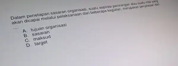 Dalam p enetap an sa isaran org anisasi, suatu aspirasi peroran yan atau suatu nilai yang akan dicapa i melalui pelaks anaan dari bebera