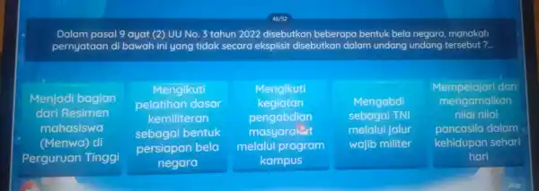 Dalan pasal 9 ayat (2) UU No. 3 to hun 2022 disebutkan beberar a bentuk bela negara, manakah owan in 3 tahun 2022 dise