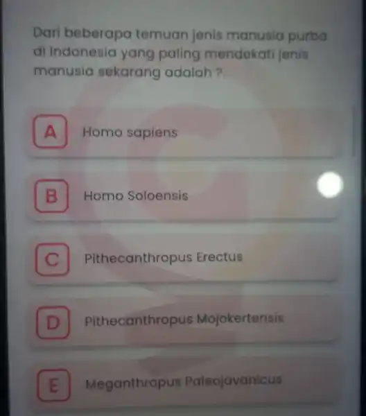 Dari beberapa temuan jenis manusia purba di Indonesia yang paling mendekati jenis manusia sekarang adalah? A Homo sapiens A B Homo Soloensis B C