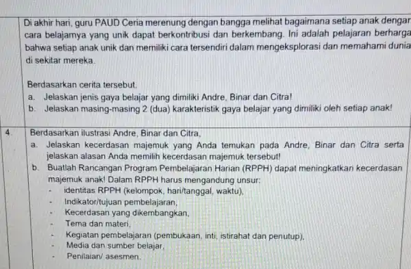 Di akhir hari, guru PAUD Ceria merenung dengan bangga melihat bagaimana setiap anak dengar cara belajamya yang unik dapat berkontribusi dan berkembang. Ini adalah