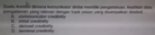 dimana drila pengalaman yang relevan dengan tapi persan __ A. communicator crodibility B. initial credibility C. derived credibility D. terminal credibulity