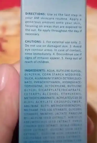 DIRECTIONS: Use as the last step in your AM skincare routine Apply a generous amount onto your skin, focusing on areas that are exposed