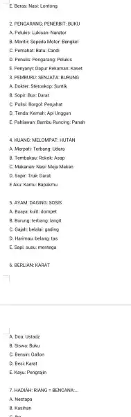 E. Beras: Nasi:Lontong 2 . PENGARANG : PENERBIT : BUKU A. Pelukis:Lukisan Narator B. Montir:Sepeda Motor:Bengkel C. Pemahat:Batu: Candi D. Penulis:Pengarang: Pelukis E. Penyanyi:Dapur