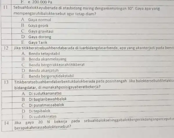 E e 200.000 Pa 11 Sebuahbalokkayuberada di atasbidang miring dengankemiringan 30^circ Gaya apa yang mempengaruhibaloktersebut agar tetap diam? A. Gaya normal B. Gaya gesek