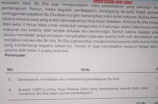 ekosistem lokal. Bu Eka juga mempersiapkan video pembelajaran yang berkaitan der pembelajaran. Namun ketika kegiatan pembelajaran berlangsung ternyata terjadi pemad sehingga menyebabkan Bu Eka