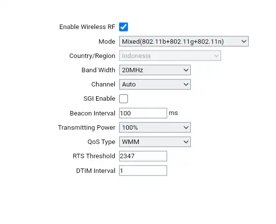 Enable Wireless RF Mode d(802.11b+802.11g+802.11n) Country/Region square Band Width square v Channel square v SGI Enable Beacon Interval square ms 100 Transmitting Power 100%