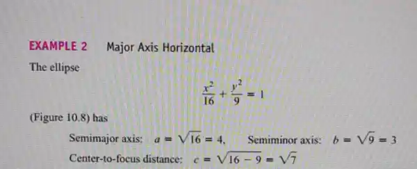 EXAMPLE :2 Major Axis Horizontal The ellipse (x^2)/(16)+(y^2)/(9)=1 (Figure 10.8) has Semimajor axis: a=sqrt (16)=4 Semiminor axis: b=sqrt (9)=3 Center-to-focus distance: c=sqrt (16-9)=sqrt (7)