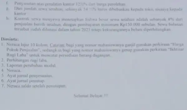 f. Penyusutan atas peralatan kantor 121/2% dari harga perolehan. g. Dari jumlah sewa setahun, sebanyak 541/2% harus dibebankan kepada toko sisanya kepada kantor. h.