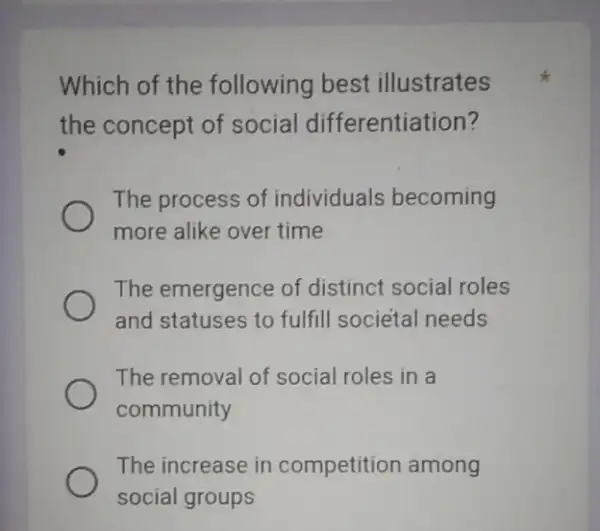 Which of the following best illustrates the concept of social differentiation? The process of individuals becoming more alike over time The emergence of distinct