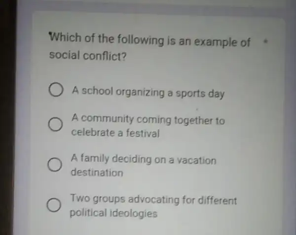 Which of the following is an example of social conflict? A school organizing a sports day A community coming together to celebrate a festival