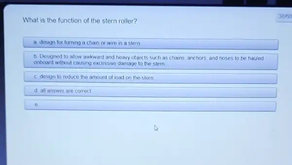 What is the function of the stern roller? a design for turning a chain or wire in a stern b Designed to allow awkward