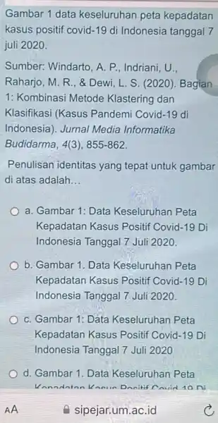 Gambar 1 data keseluruhan peta kepadatan kasus positif covid -19 di Indonesia tanggal 7 juli 2020 Sumber: Windarto. A P. Indriani, U.. Raharjo, M.