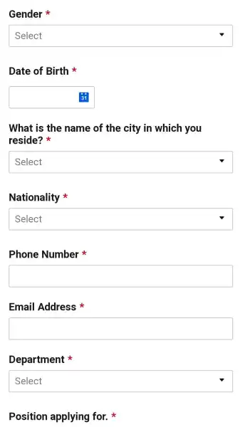 Gender square Date of Birth square What is the name of the city in which you reside?x square Nationality square Phone Number square Email