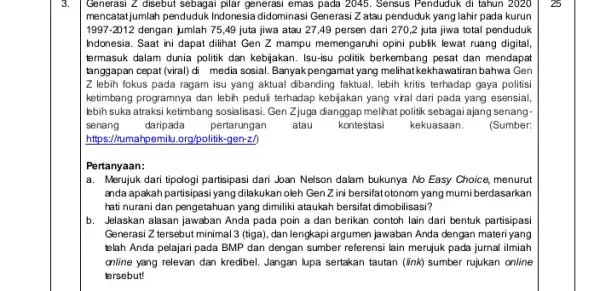 Generasi Z disebut sebagai pilar generasi emas pada 2045 Sensus Penduduk di tahun 2020 mencatatjumlah penduduk Indonesia didominasi Generasi Zatau penduduk yang lahir pada