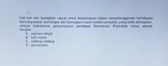 Hak luk dan kewajiban rakyat untuk berpatisipasi dalam penyelenggaraan kehidupan bermasyarakat, berbangsa dan bernegara harus melalui prosedur yang telah ditetapkan artinya mekanisme peryampaian pendapat