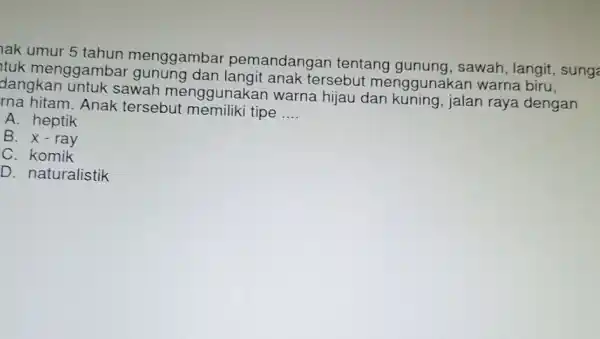 hak menggambar pemandangan tentang sawah, langit, sungẻ tuk menggamba tersebut menggunakan warna biru, dangkan untuk sawah menggunakar warna hijau dan kuning, jalan raya dengan