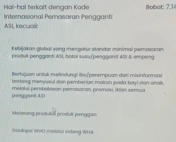 Hal-hal terkait dengan Kode Internasional Pemasaran Pengganti ASI, kecuali: Kebijakan global yang mengatur standar minimal pemasaran produk pengganti ASI botol susu/pengganti ASI & empeng