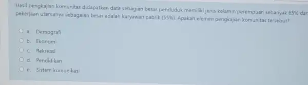 Hasil pengkajian komunitas didapatkan data sebagian besar penduduk memiliki jenis kelamin perempuan sebanyak 65% dan pekerjaan utamanya sebagaian besar adalah karyawan pabrik (55% )