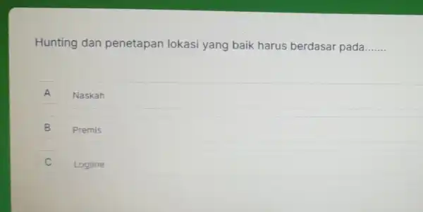 Hunting dan penetapan lokasi yang baik harus berdasar pada....... __ A A Naskah B Premis Logline