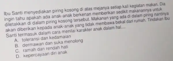 Ibu Santi menyediakan piring kosong di atas setiap kali kegiatan makan. Dia ingin tahu apakah ada anak -anak berkenar memberikan sedikit makanannya untuk diletakkan