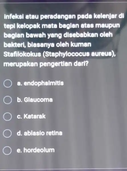 Infeksi atau peradangan pada kelenjar di tepi kelopak meta beglan etes meupun baglan bawah yang disebabkan oleh bakteri blasanya oleh kuman Stafilokokus (Staphylococus eureus),