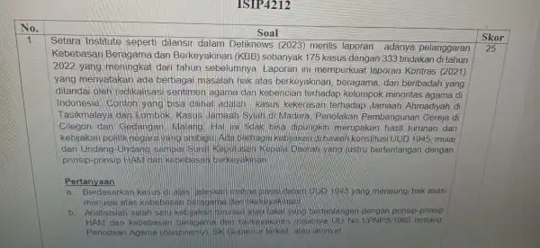 ISIP4212 No. 1. Soal Skor Setara Institute seperti dilansir dalam Detiknews (2023) merilis laporan adanya pelanggaran 25 Kebebasar dan Berkeyakina (KBB) sebanyak 175 kasus