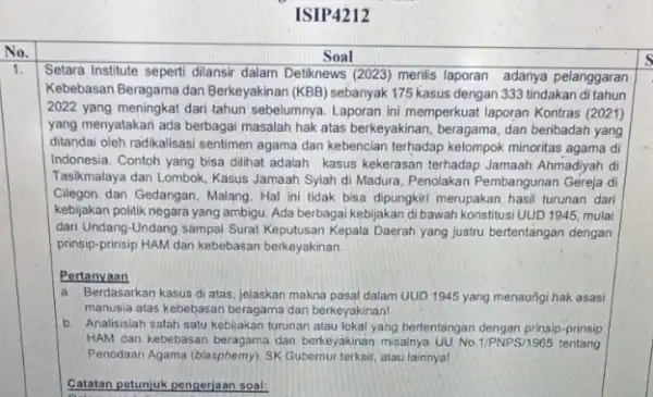 ISIP4212 Pertanyaan a Berdasarkan kasus di atas jelaskan makna pasal dalam UUD 1945 yang menauñgi hak asasi manusia atas kebebasan beragama dan berkeyakinan! b.