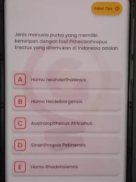 Jenis manusia purba yang memiliki kemiripan dengan fosil Pithecanthropus Erectus yang ditemukan di Indonesia adalah A Homo neanderthalensis. A B Homo Heidelbergensis. B C