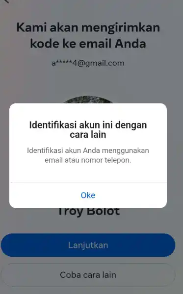 Kami akan mengirimkan kode ke email Anda a+x++ 4@gmail.com Identifikasi akun ini dengan cara lain Identifikasi akun Anda menggunakan email atau nomor telepon. Oke