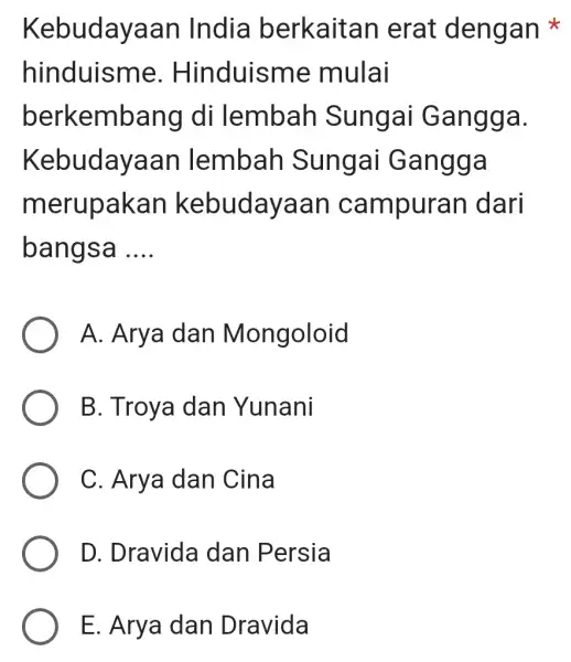 Kebudayaan India berkaitan erat dengan hinduisr ne. Hinduism e mulai berkemba ang di lembah Sungai Gangga. Kebudaya an lembah Sungai Gangga merupakan kebudayaan campuran