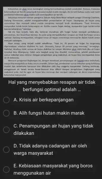 Kebutuhan air akan terus meningkat seiring bertambahnya jumlah penduduk. Namun , ironisnya ketersediaan air bersih yang layak konsumsi malah makin menipis. Itu berarti bahwa