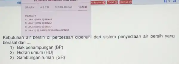 Kebutuhan air bersih di perdesaan dipenuhi dari sistem penyediaan air bersih yang berasal dari .... 1) Bak penampungan (BP) 2) Hidran umum (HU) 3)