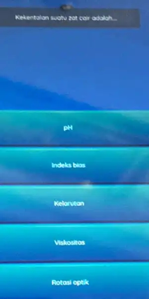 Kekentalan suatu zat coir adalah Indeks bios Keloruton Viskositos Rotosi optik