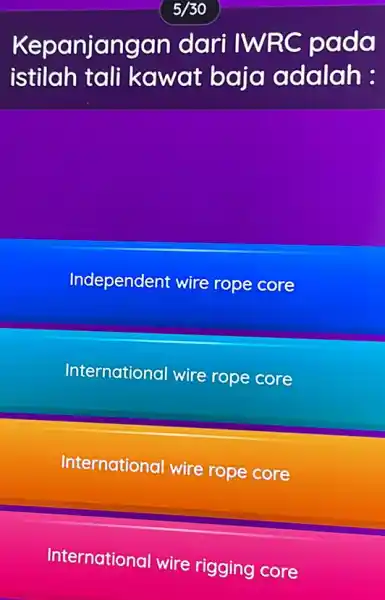 Kepanjangan dari IWRC pada istilah tali kawat baja adalah: Independent wire rope core International wire rope core International wire rope core International wire rigging