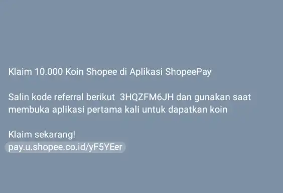 Klaim 10.000 Koin Shopee di Aplikasi ShopeePay Salin kode referral berikut 3H0ZFM6JH dan gunakan saat membuka aplikasi pertama kali untuk dapatkan koin Klaim sekarang!