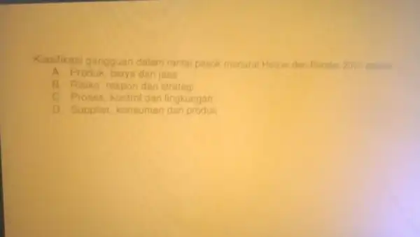 Klasifikas gangguan dalam rantai pasok menuru Heizer dan Render 2011 adalah A. Produk, biaya dan jasa B. Risiko respon dan strateg C Proses kontro