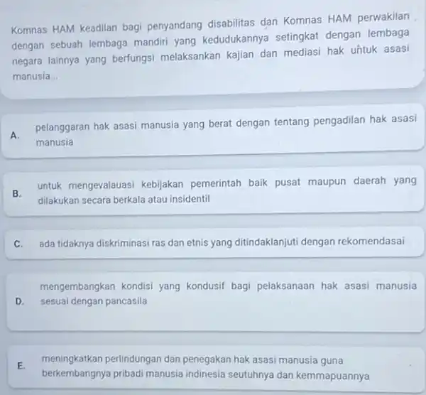 Komnas HAM keadilan bagi penyandang disabilitas dan Komnas HAM perwakilan dengan sebuah lembaga mandiri yang kedudukannya setingkat dengan lembaga negara lainnya yang berfungsi melaksankan